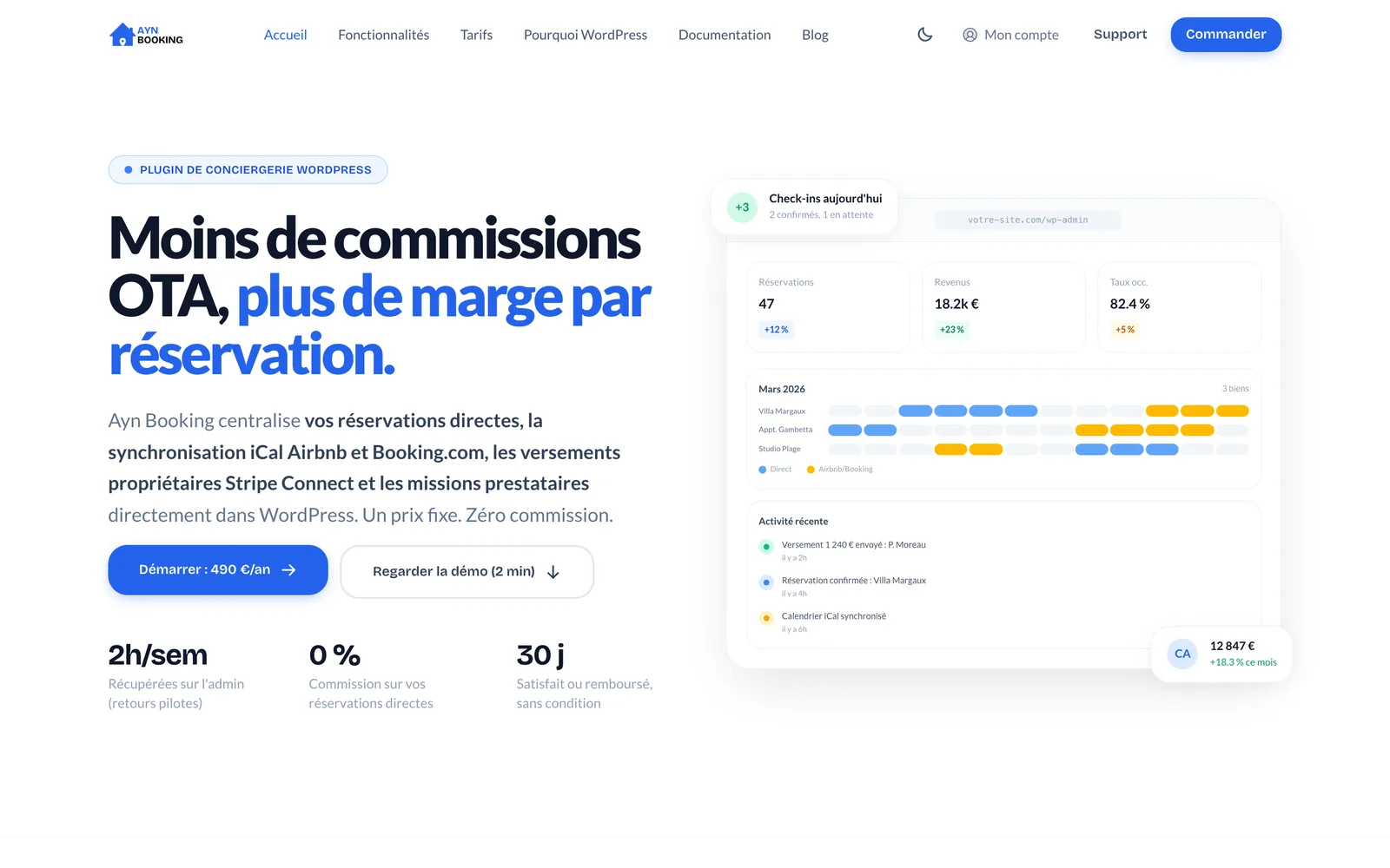 Page d’accueil d’Ayn Booking, extension WordPress de conciergerie