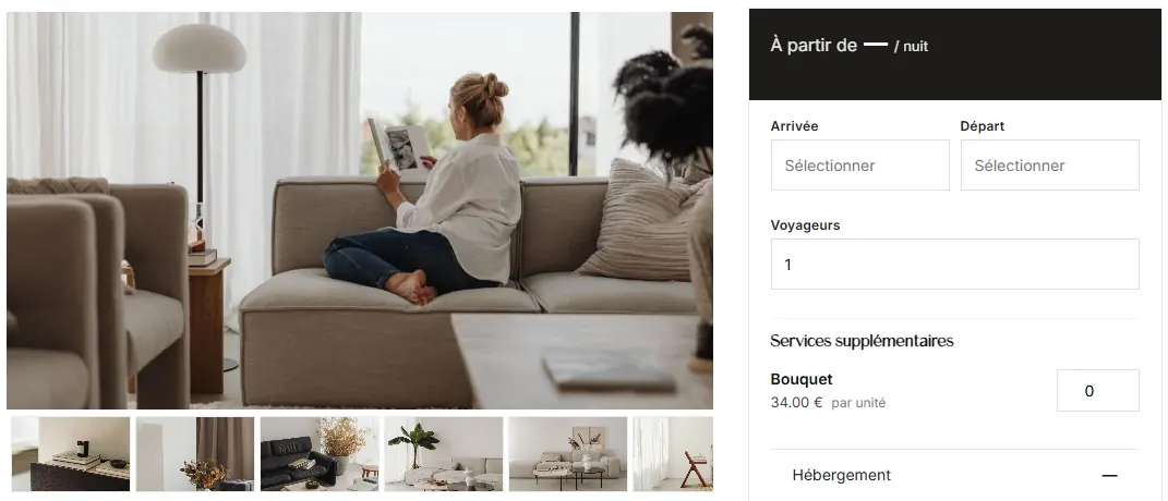 Modèle de page logement avec le module de réservation : dates, voyageurs, services