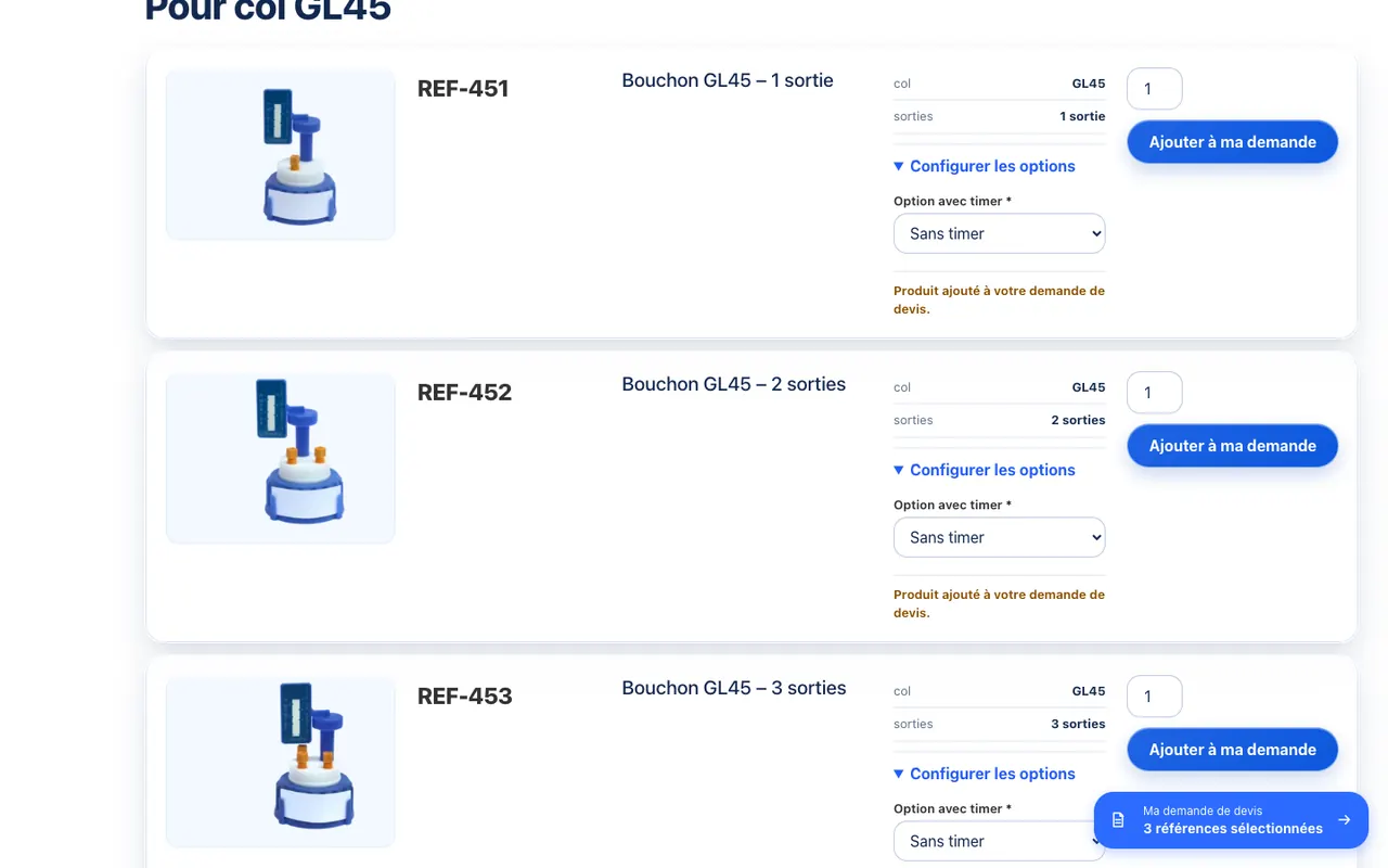 Produits ajoutés à la demande, compteur « 3 références sélectionnées »