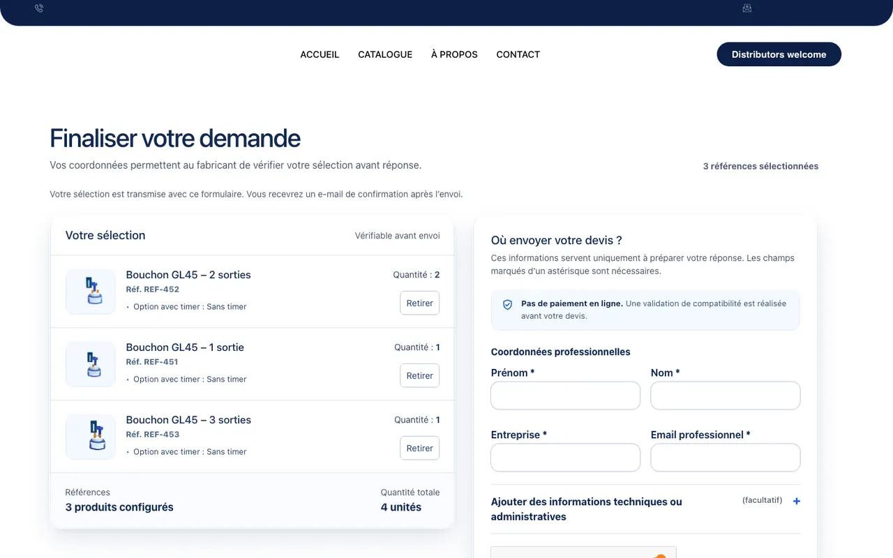 Page « Finaliser votre demande » : sélection vérifiable et coordonnées