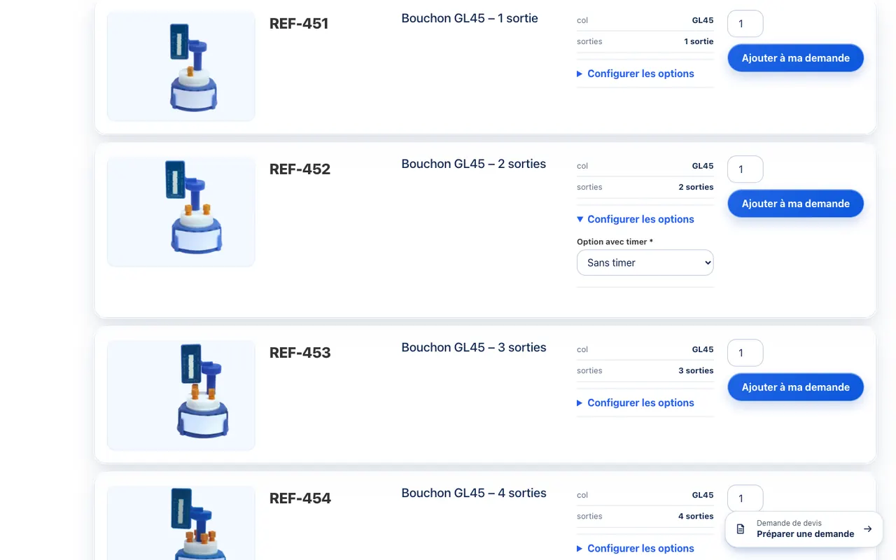 Liste des références d’une famille, options d’un produit dépliées