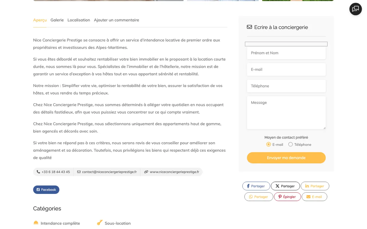 Formulaire « Écrire à la conciergerie » à côté de la présentation
