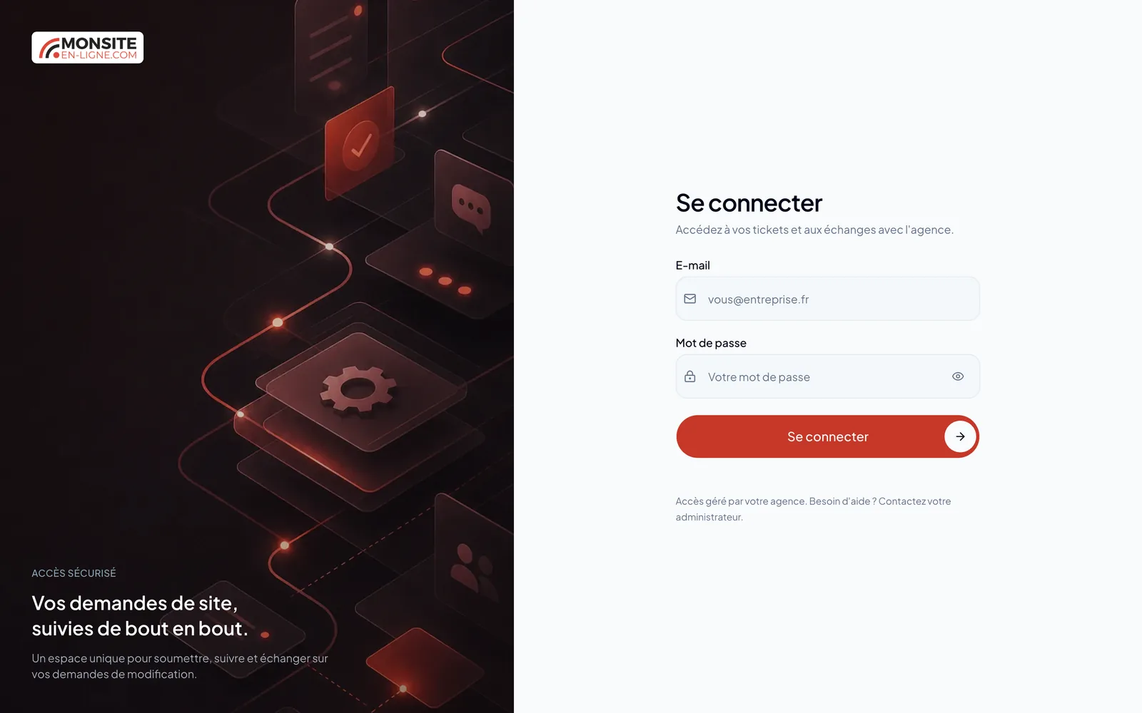 Page de connexion de MSL Ticketing : vos demandes de site, suivies de bout en bout
